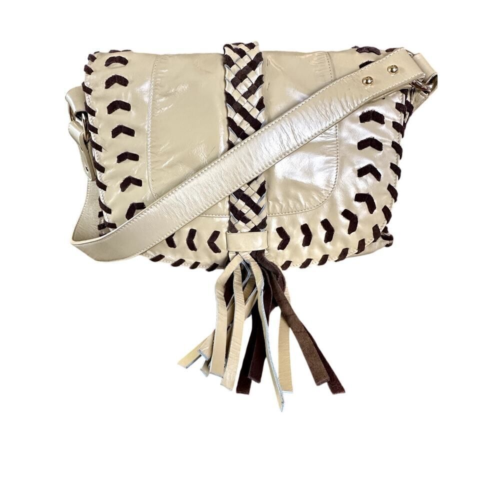 THE FIND Women's Whipstitch Tassel Leather Shoulder Flap Bag/Purse Cream/Brown